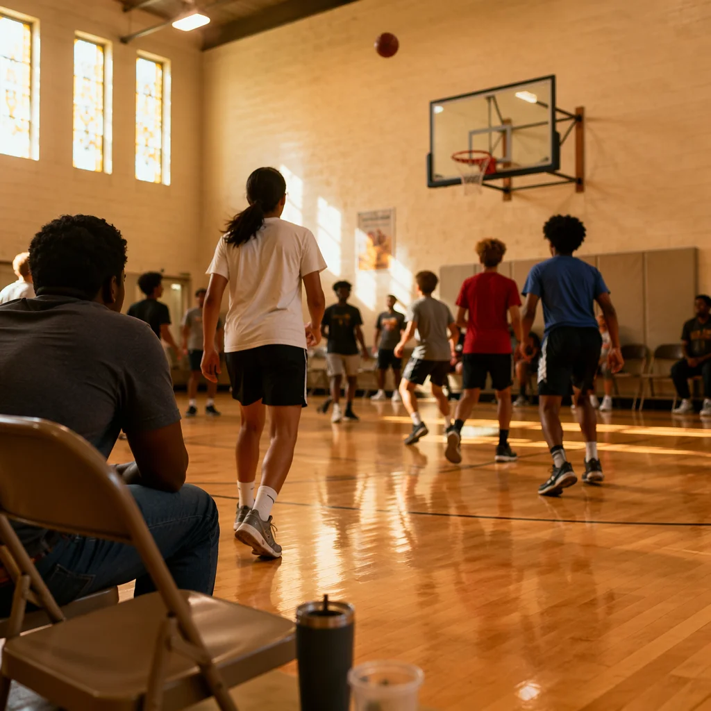 Church Basketball Outreach in Warm Gym Light