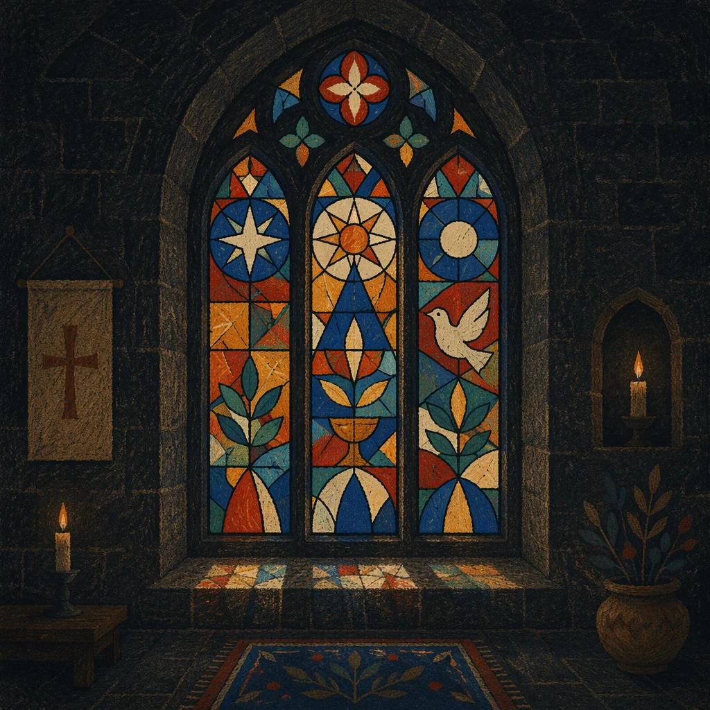 Colorful Stained Glass in Shadowed Chapel