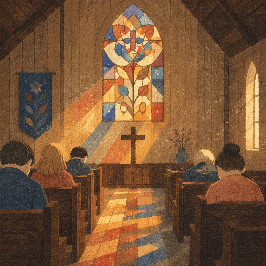 Colorful Stained Glass Light in Wooden Chapel
