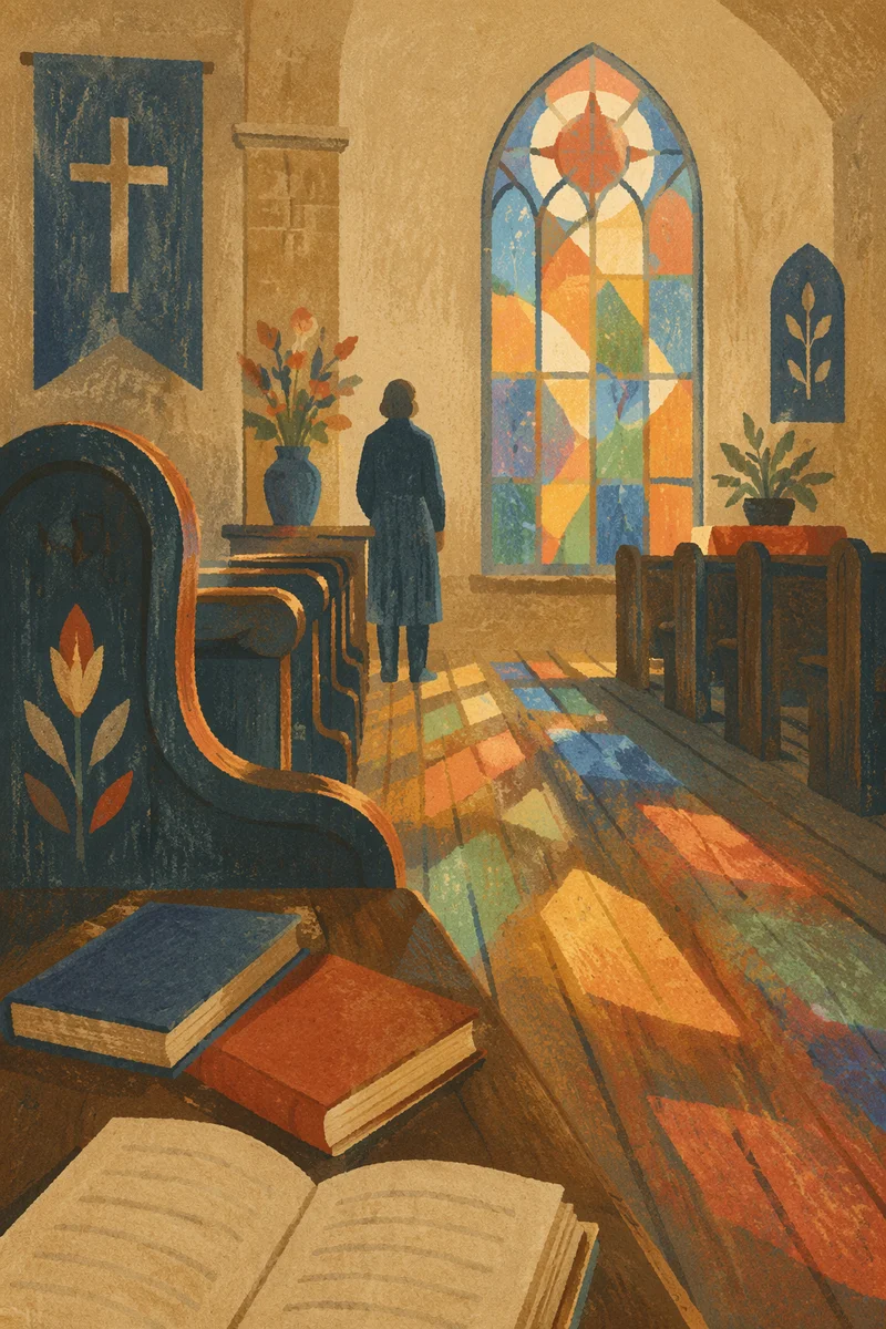 Colorful Stained Glass Light in Wooden Chapel