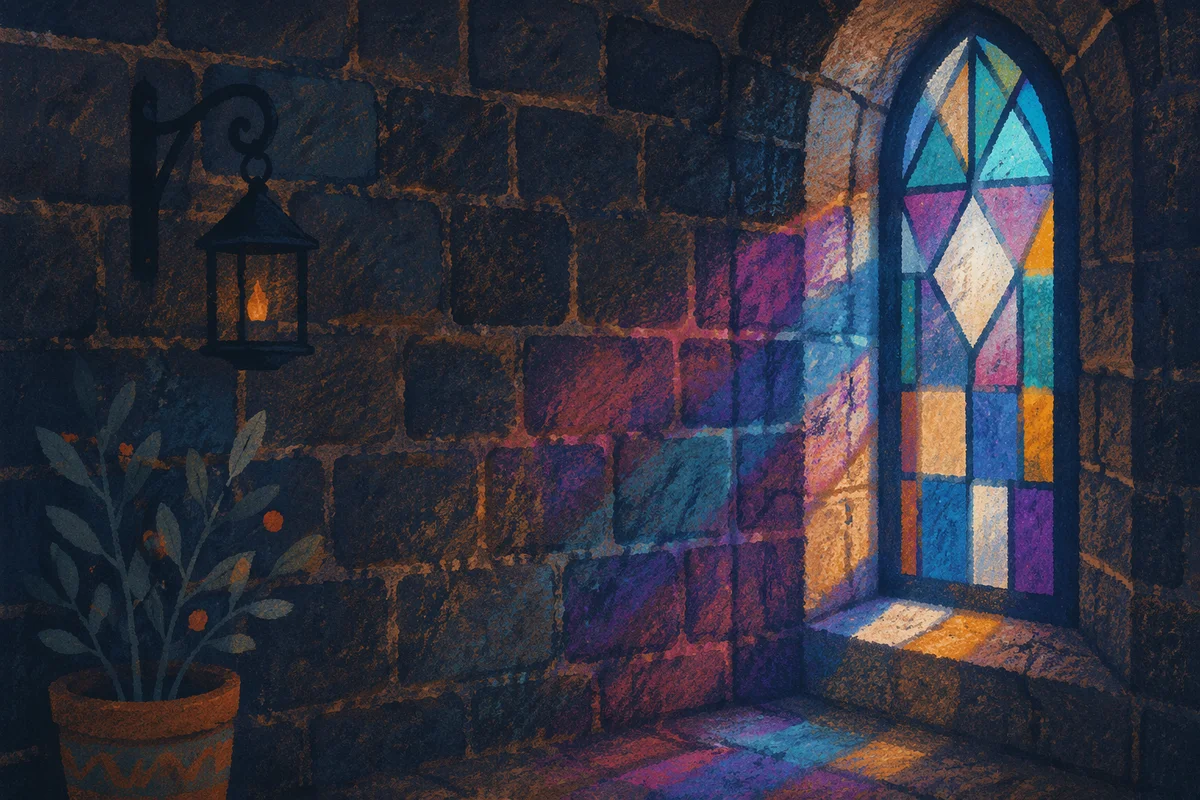 Colorful Stained Glass in Quiet Chapel Corridor