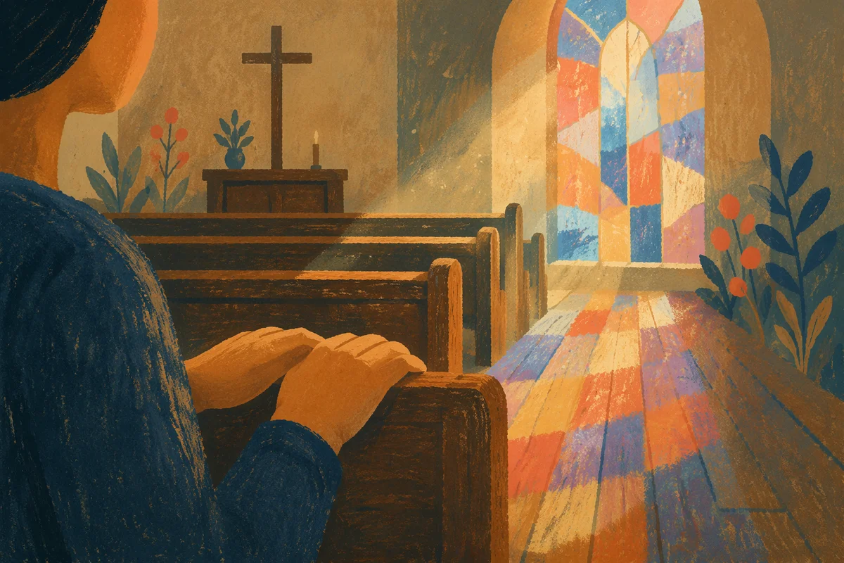 Stained Glass Light in Quiet Wooden Chapel