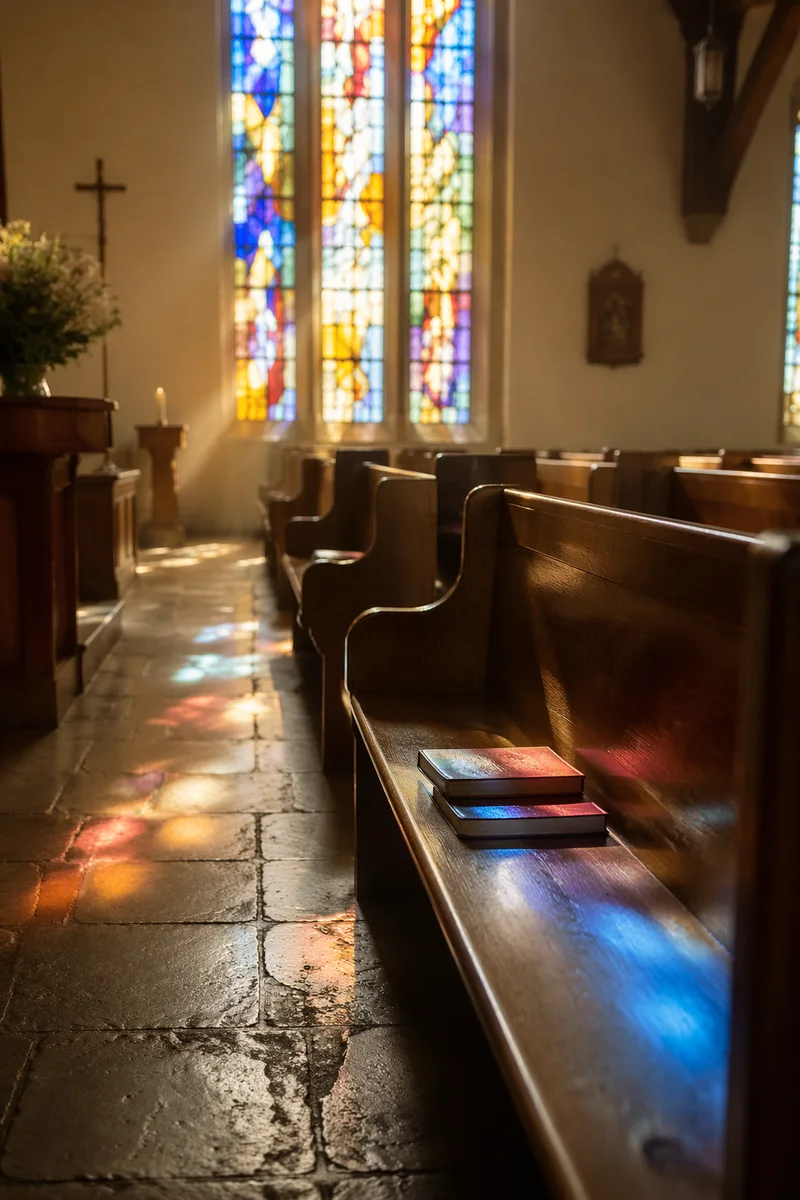 Stained Glass Light Across Chapel Pews