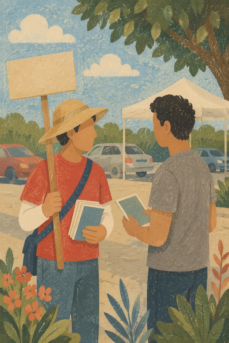 Street Evangelism Conversation on Sunny Sidewalk