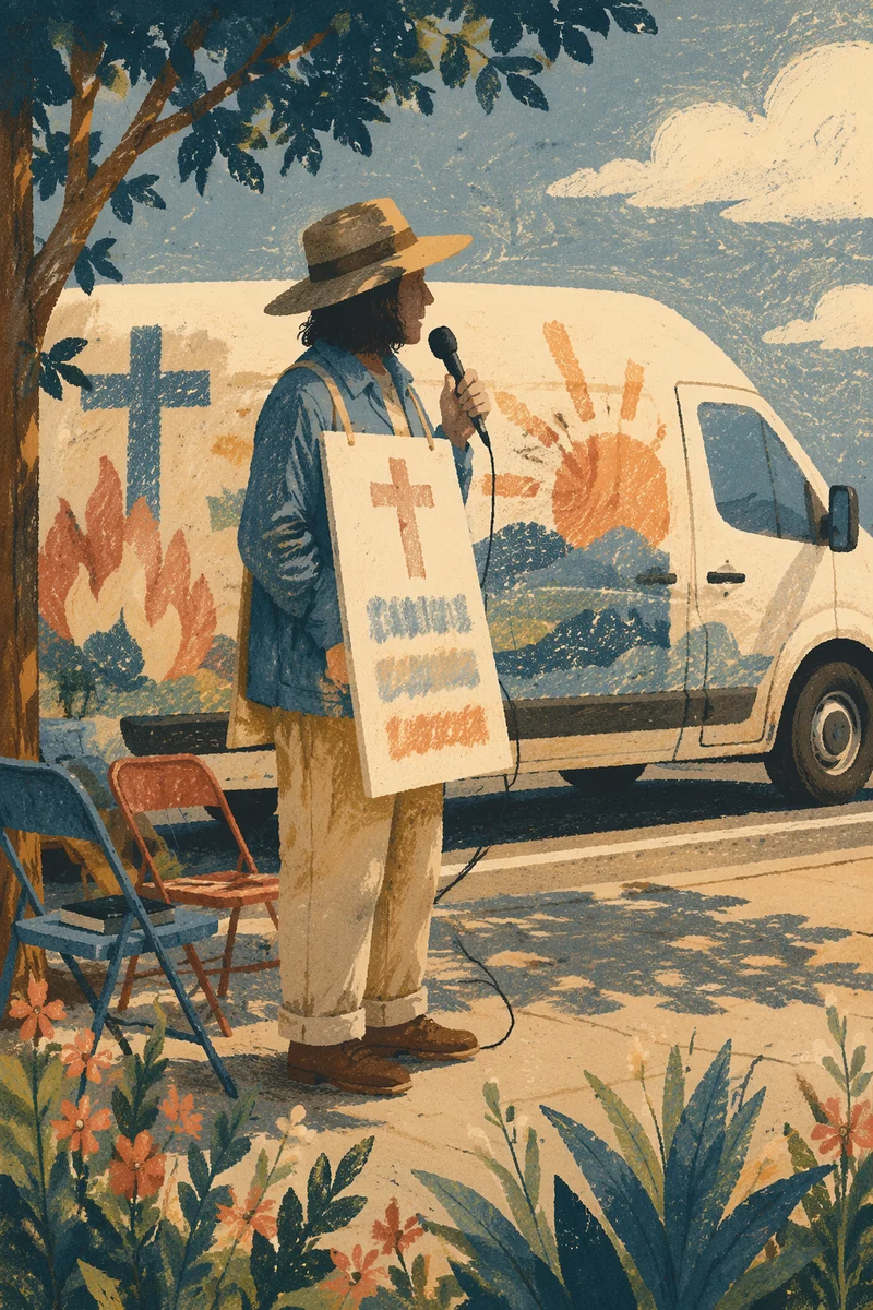 Street Evangelist Sharing Faith in Sunlit Parking Lot