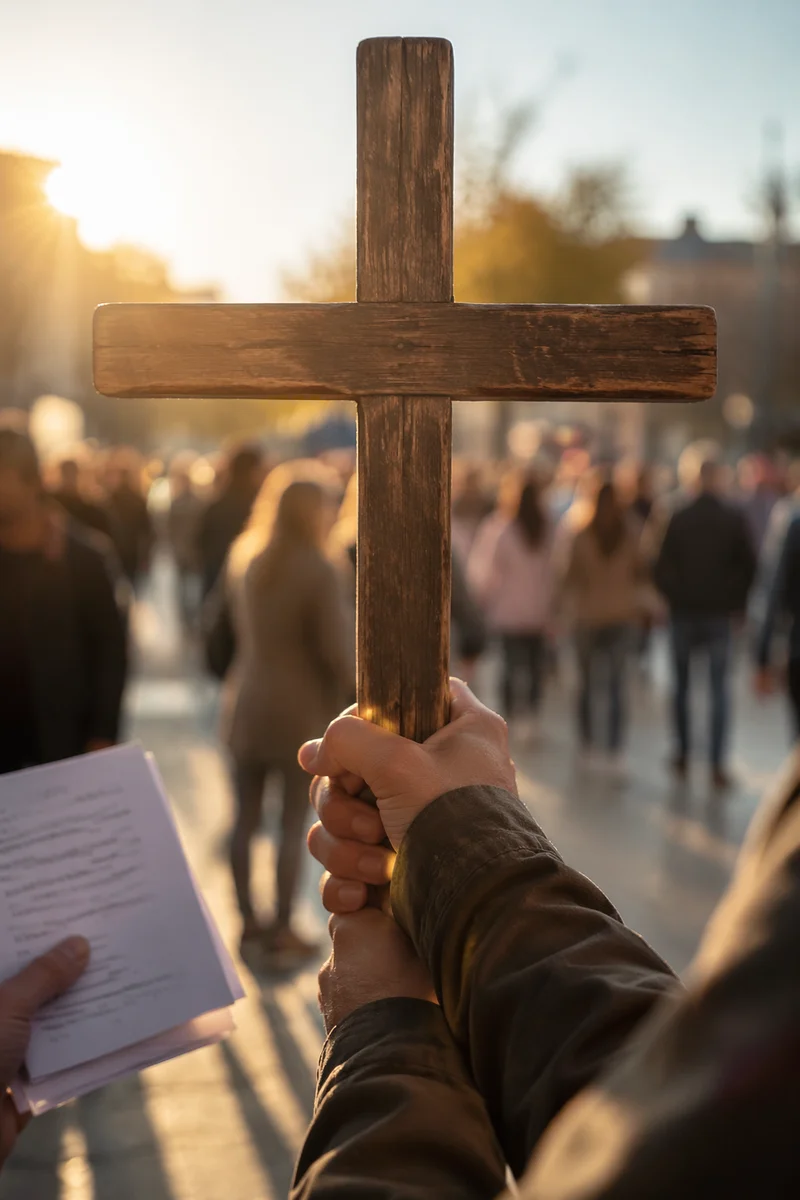 Wooden Cross Held During Street Evangelism
