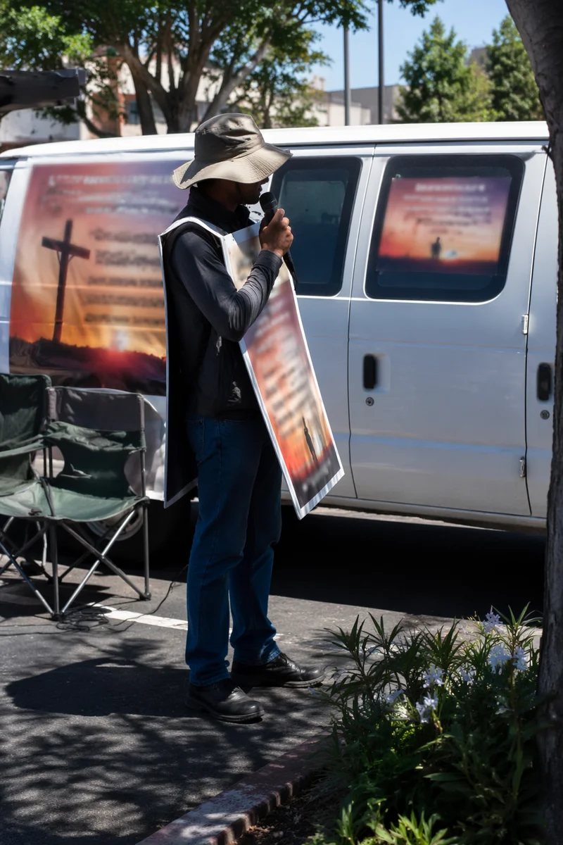 Outdoor Street Evangelism in Urban Parking Lot