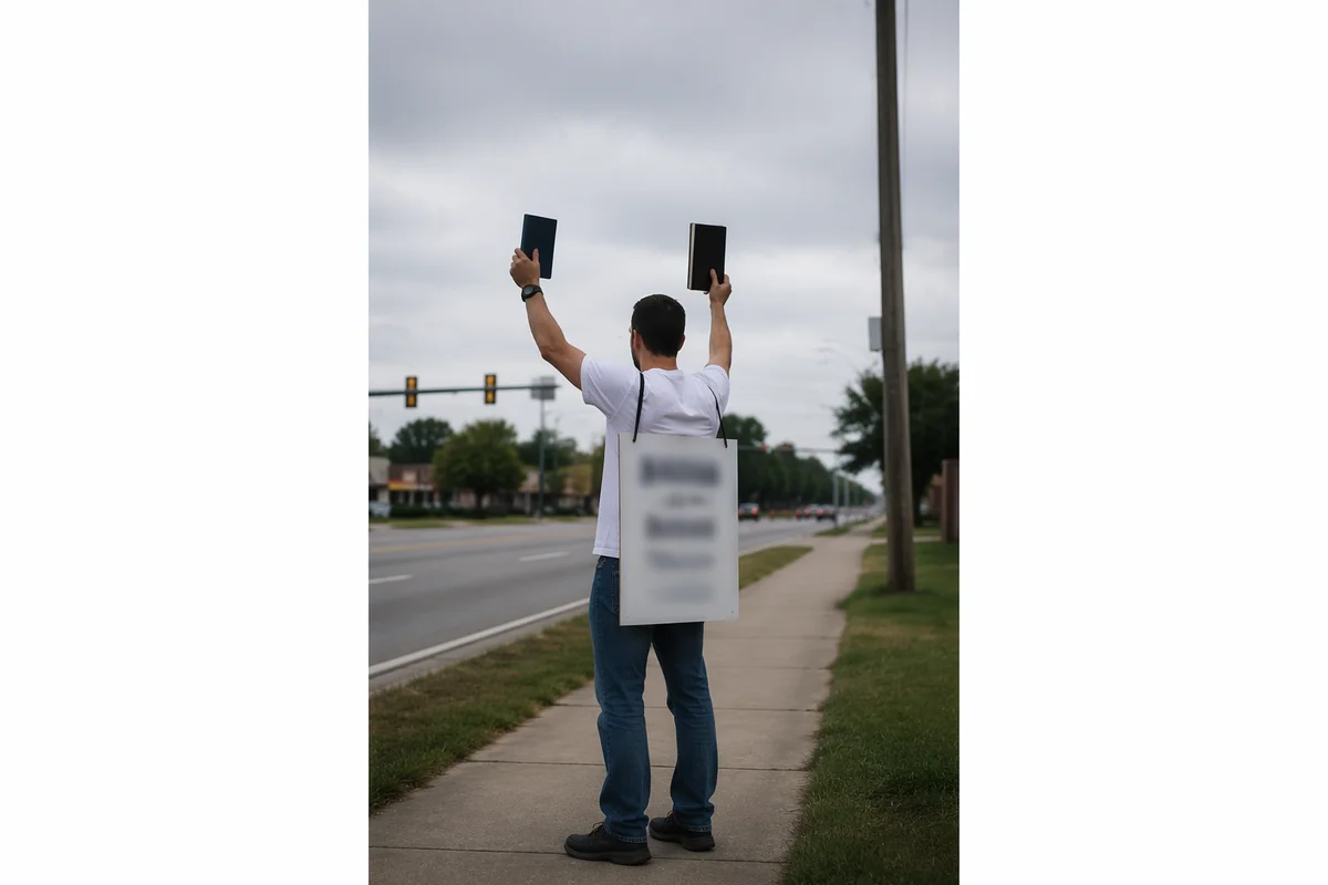 Suburban Street Evangelism Volunteer with Scripture Booklets