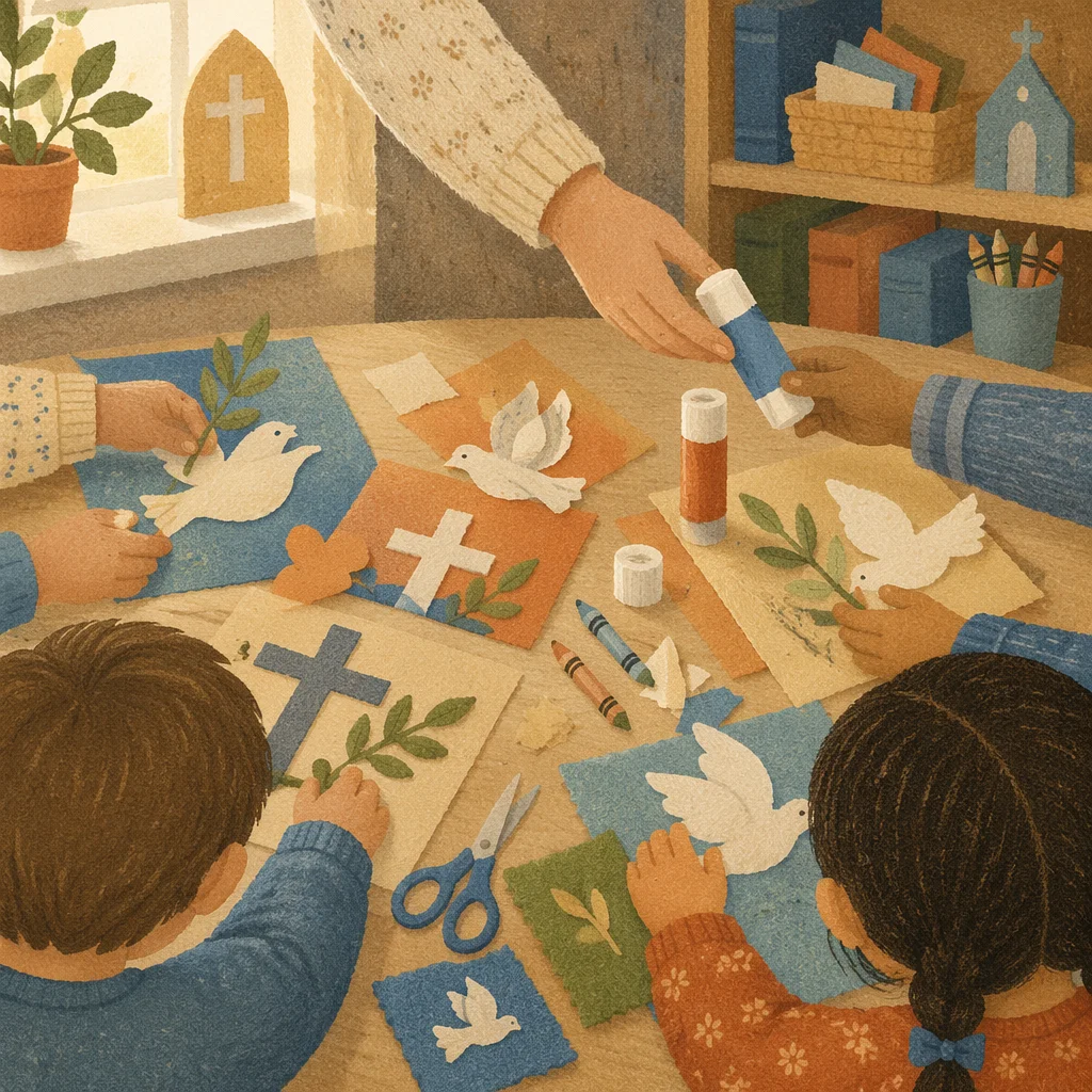 Sunday School Children Making Dove Crafts