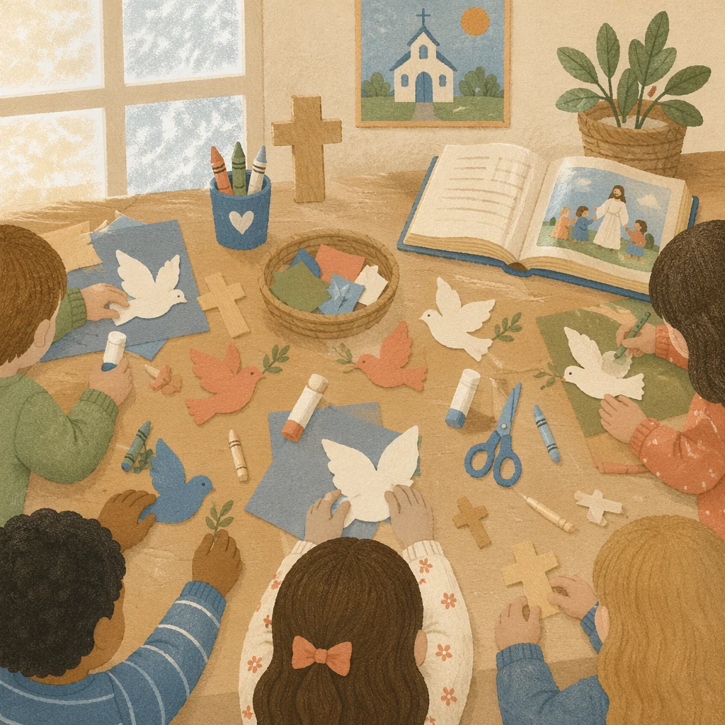 Sunday School Children Crafting Paper Doves