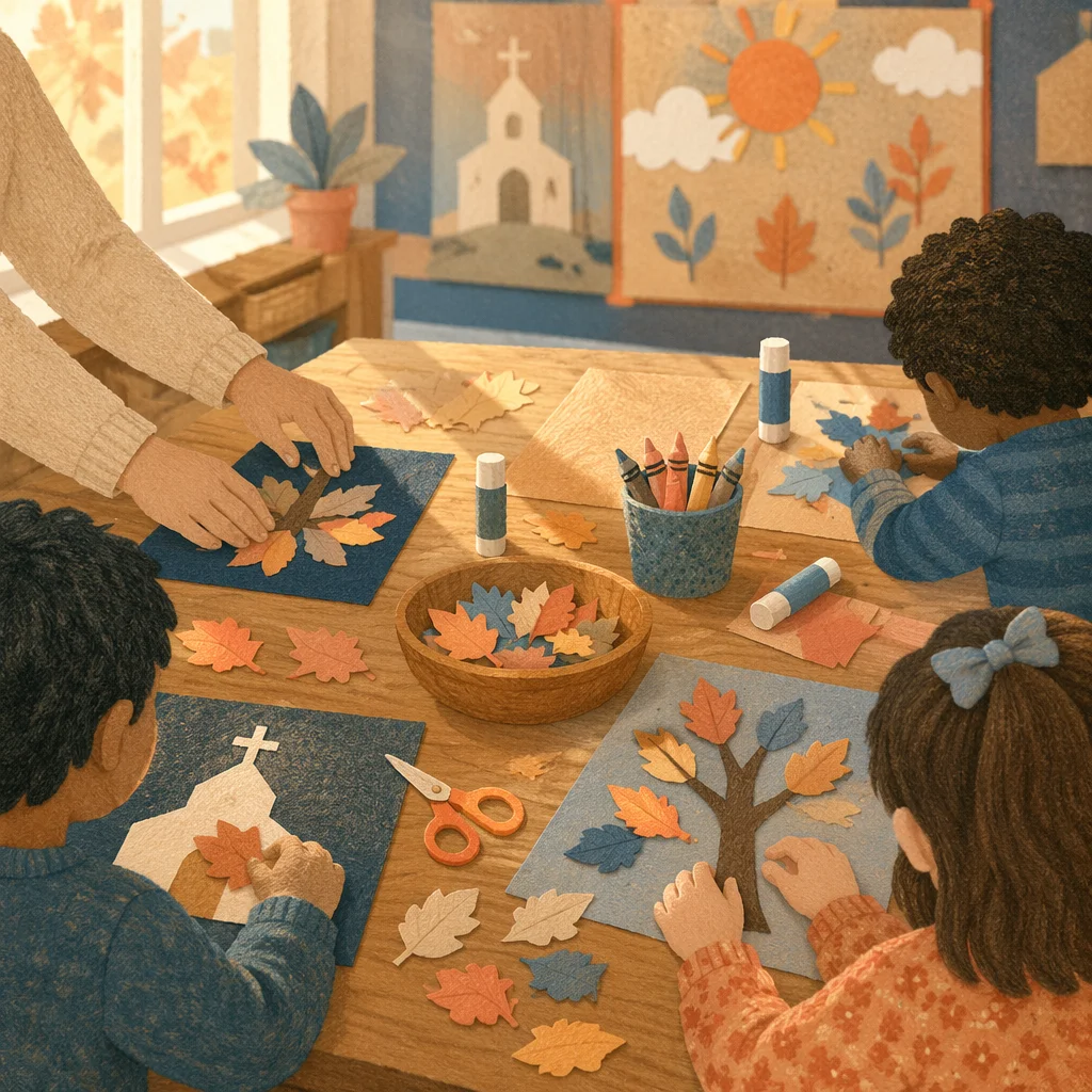 Sunday School Children Crafting Paper Leaves