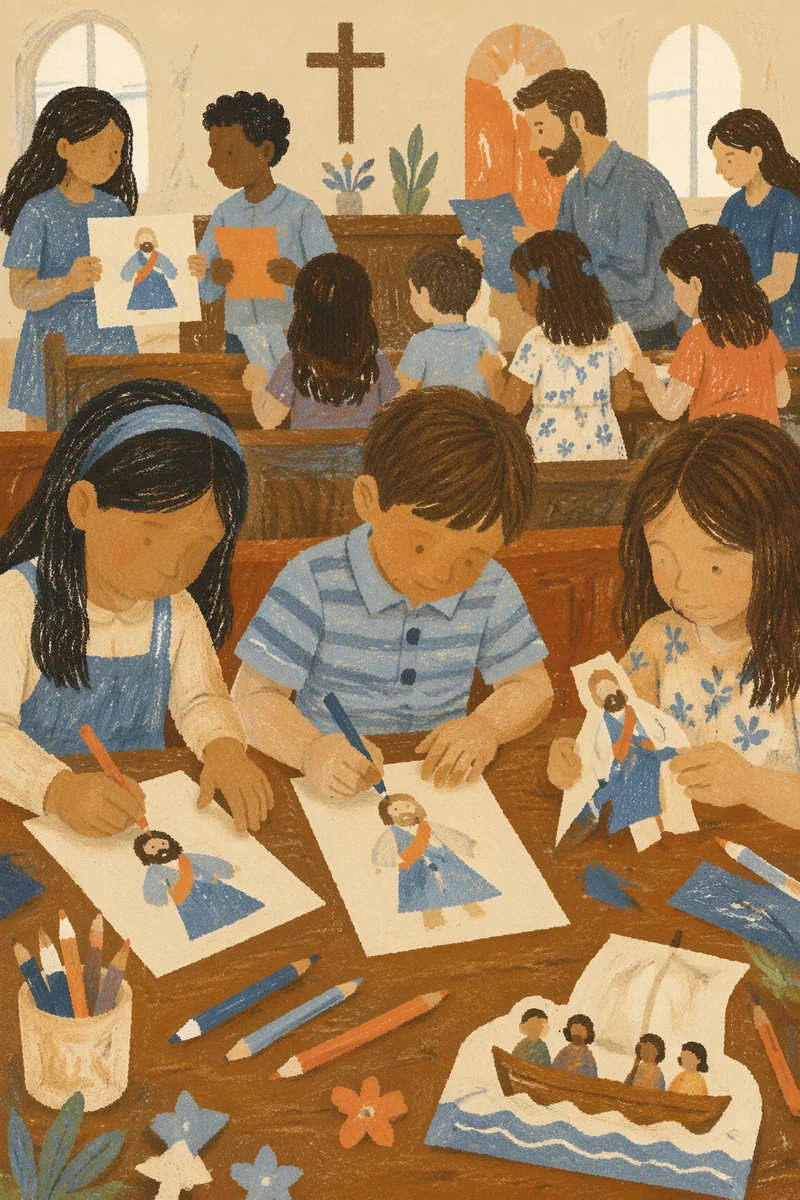 Sunday School Children Making Paper Crafts