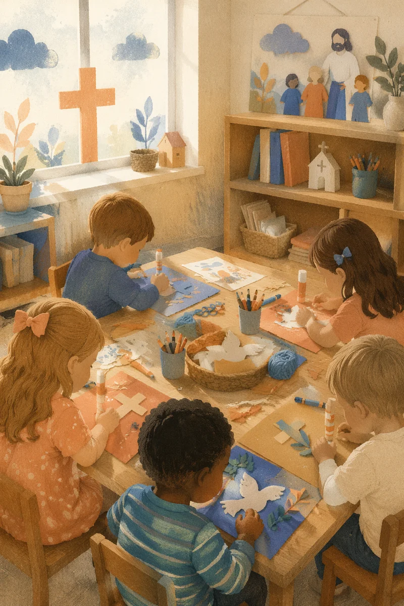 Sunday School Children Crafting Paper Doves