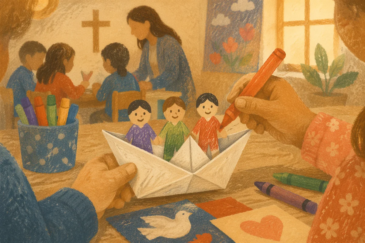 Sunday School Children Making Paper Boat Craft