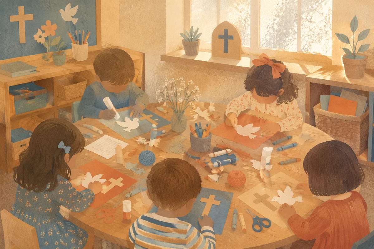 Sunday School Children Making Paper Dove Crafts