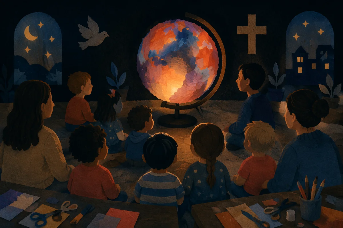 Sunday School Children Watching Glowing Paper Globe