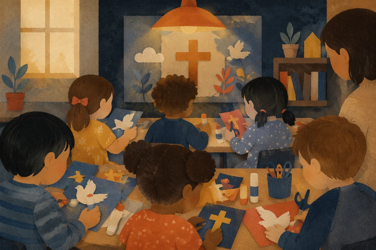 Sunday School Children Crafting Paper Crosses