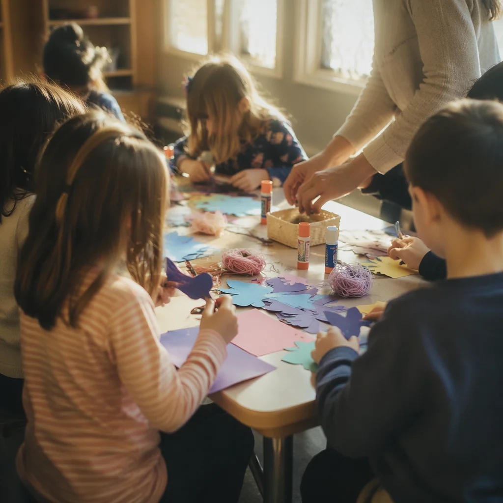 Sunday School Children Crafting in Church Classroom