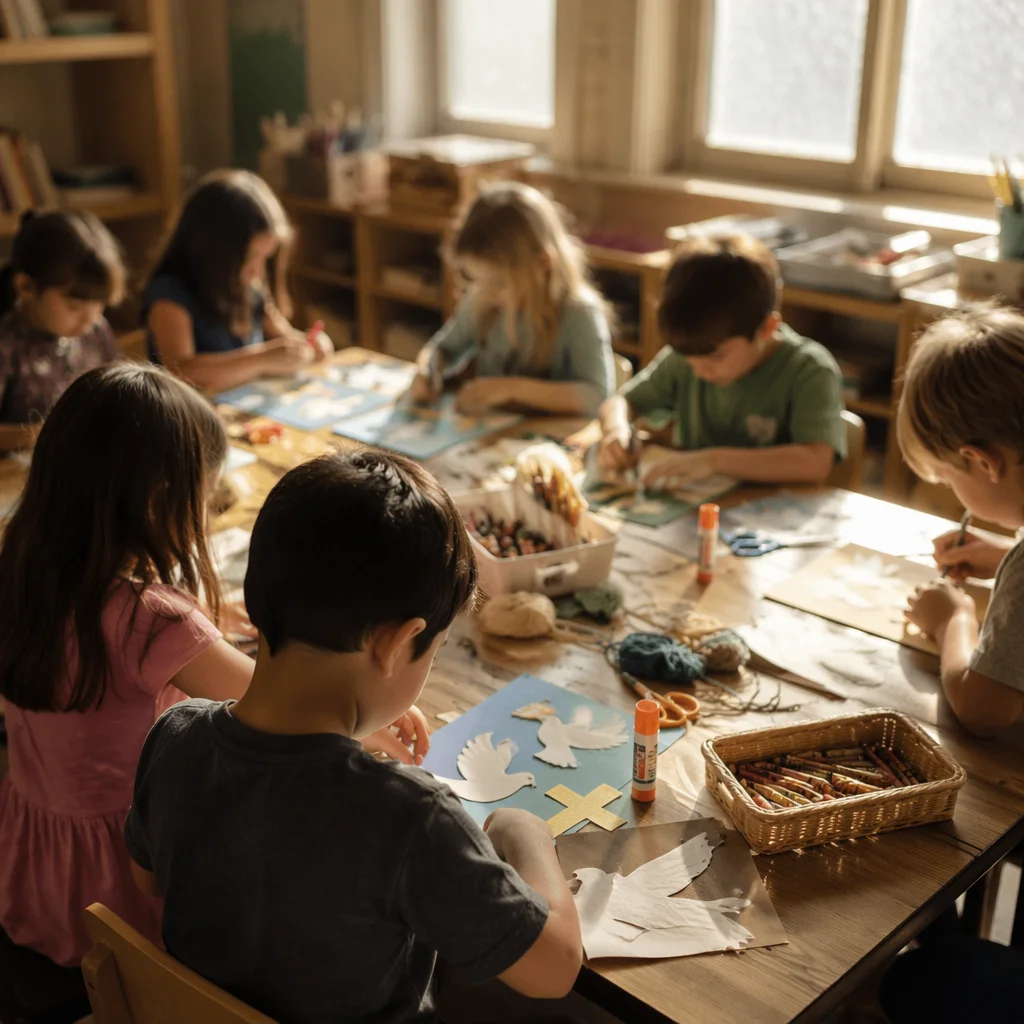 Sunday School Children Making Paper Dove Crafts
