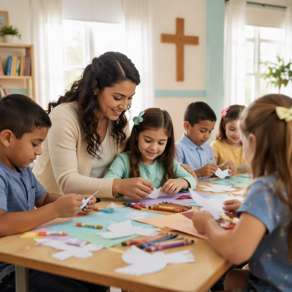 Children Making Paper Doves in Classroom