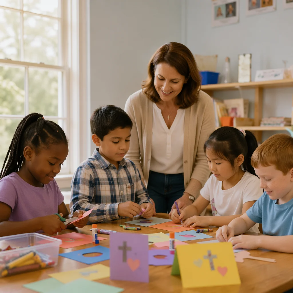 Children Doing Crafts in Bright Classroom