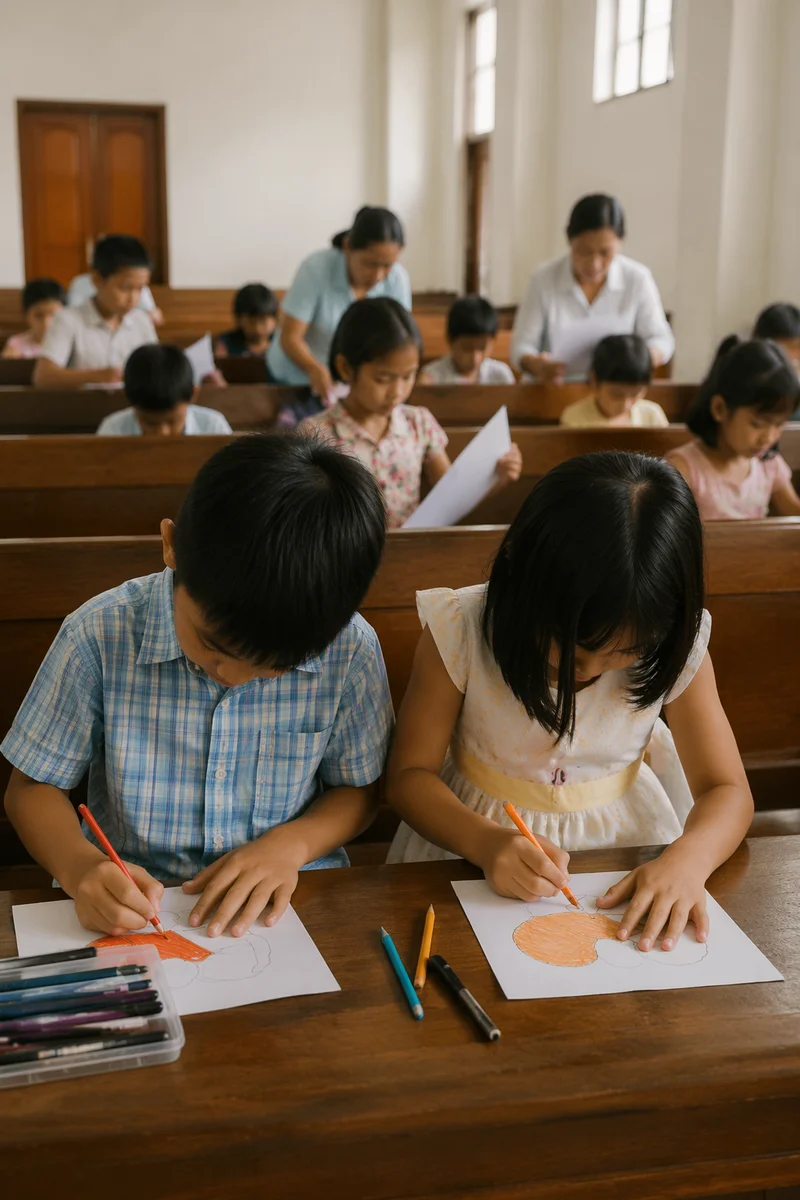 Sunday School Children Coloring in Church Classroom