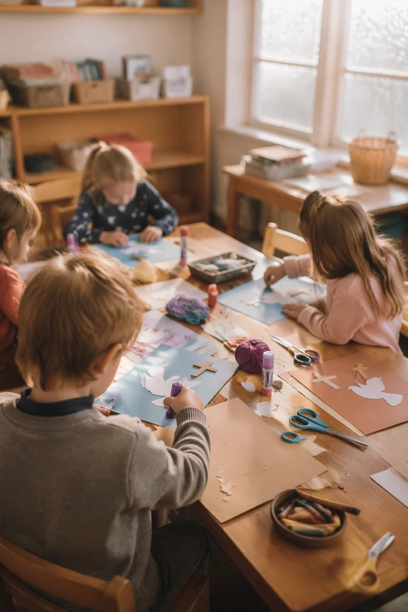 Sunday School Children Making Paper Dove Crafts