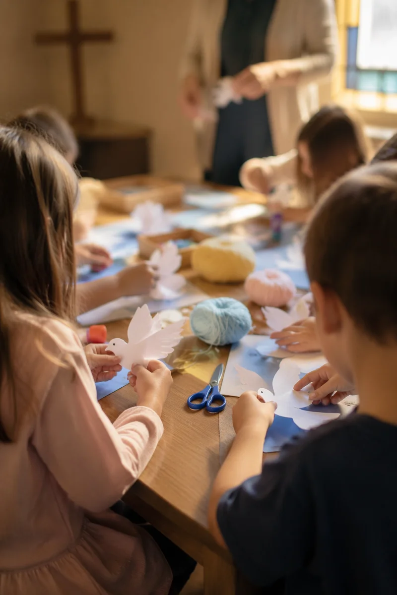 Sunday School Children Crafting Paper Doves