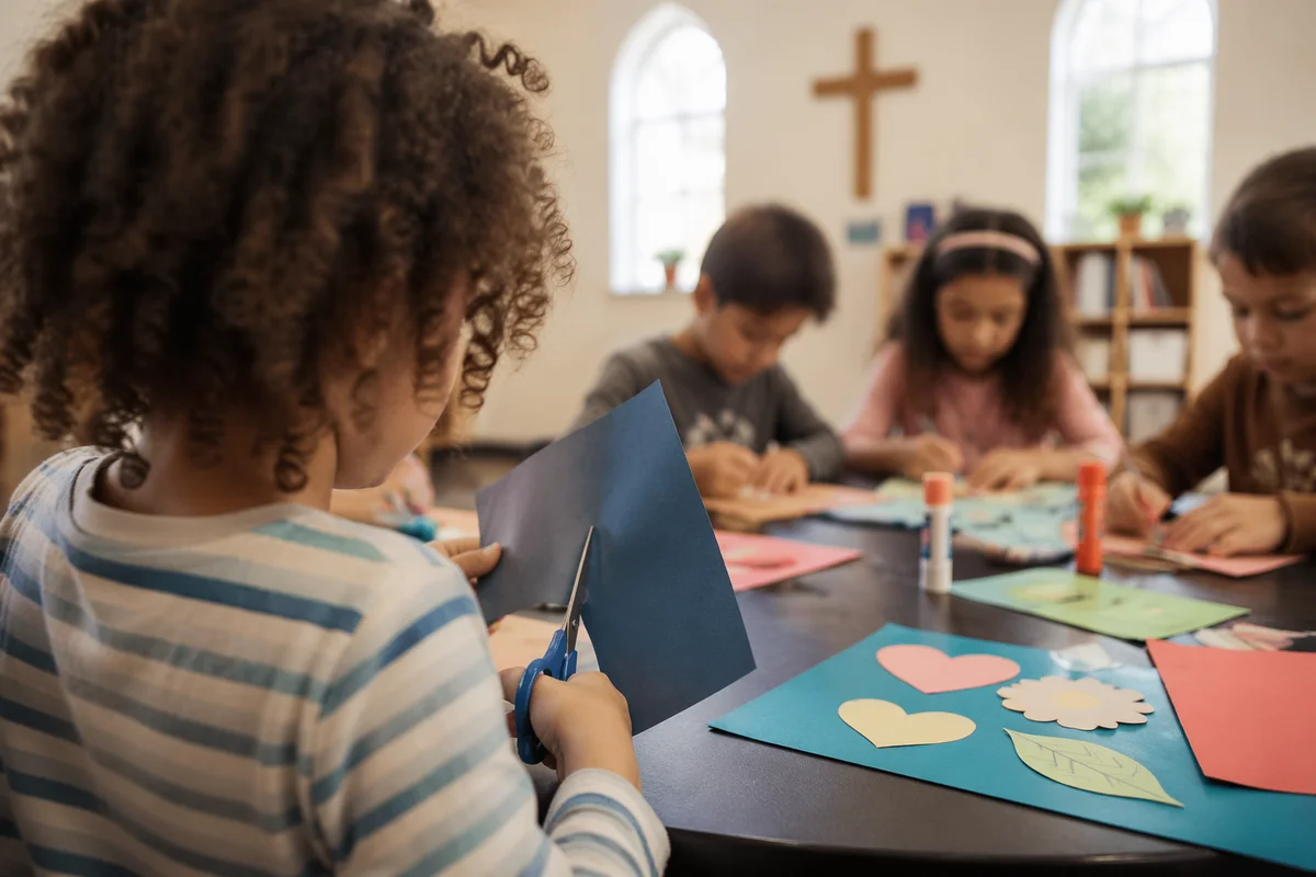 Sunday School Children Crafting in Church Classroom