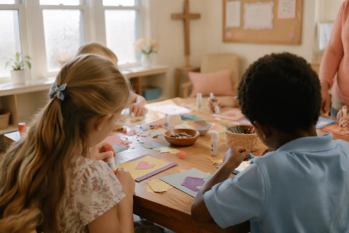 Sunday School Children Making Colorful Crafts