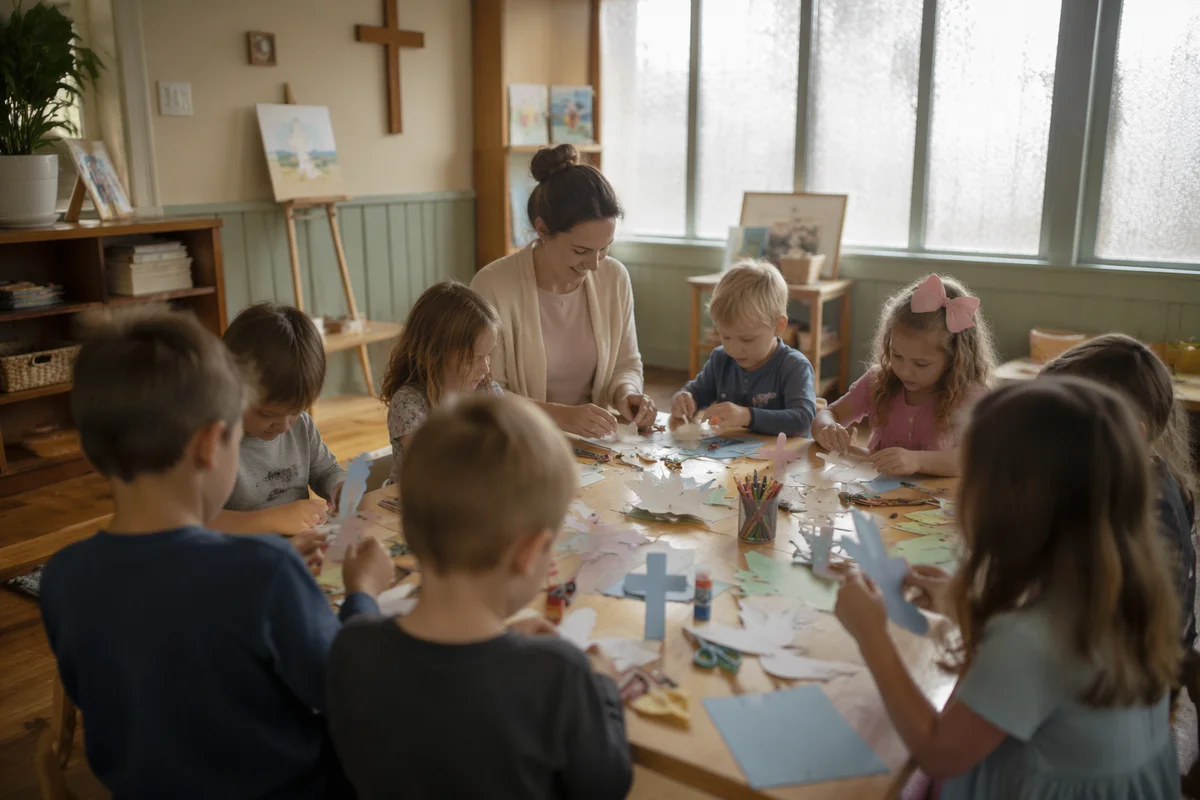 Sunday School Children Crafting Paper Crosses