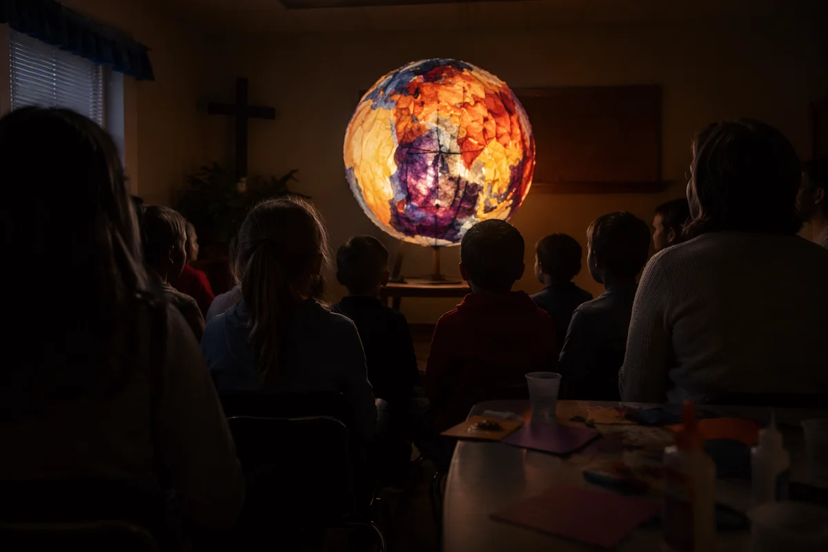 Sunday School Children Watching Glowing Craft Globe