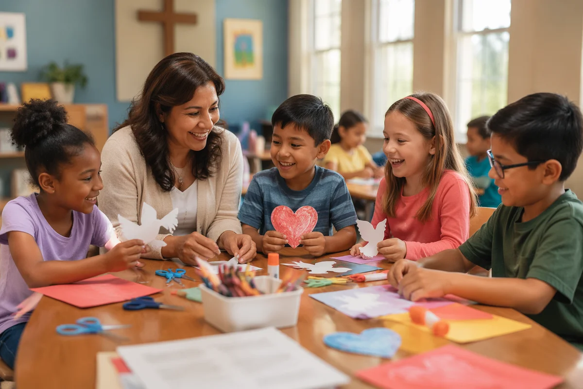 Children Making Crafts in Sunny Classroom