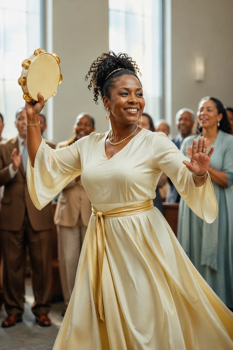 Woman Dancing with Tambourine in Church