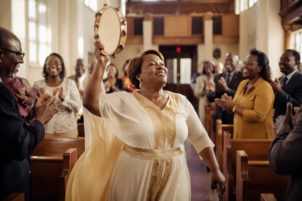 Joyful Tambourine Dance in Church Aisle