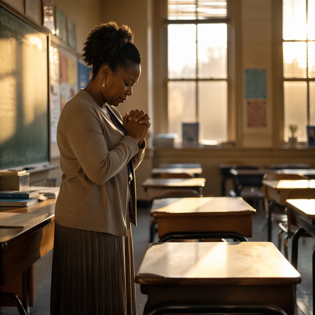 Teacher Praying in Empty Morning Classroom