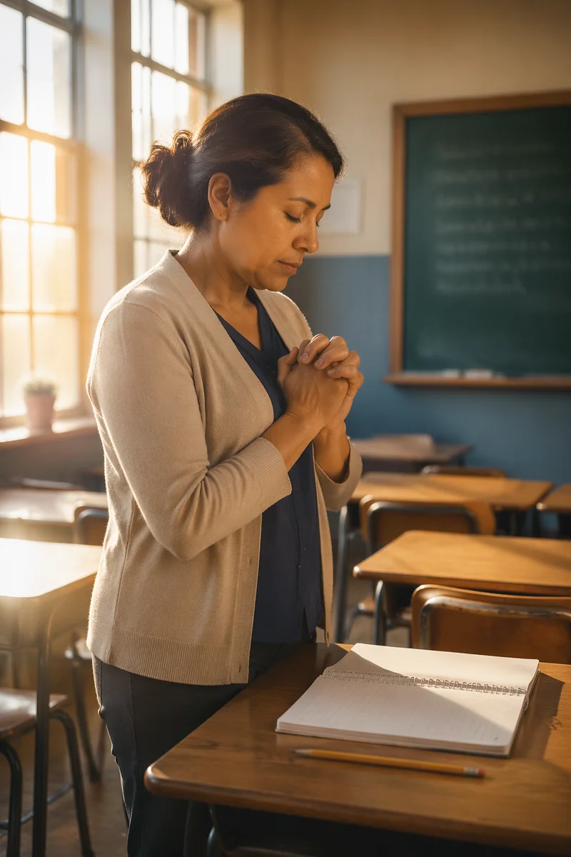 Teacher Praying in Quiet Morning Classroom