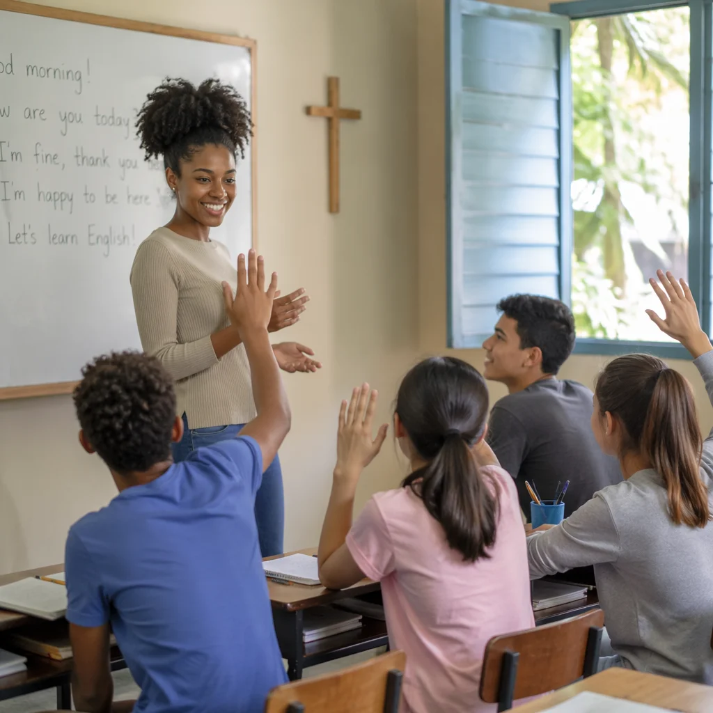 Volunteer English Lesson in Bright Classroom