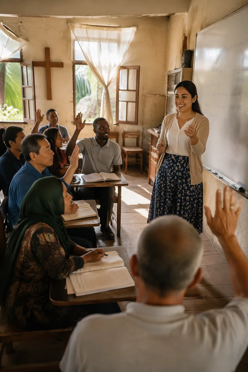 Teacher Guiding Adult Classroom in Church