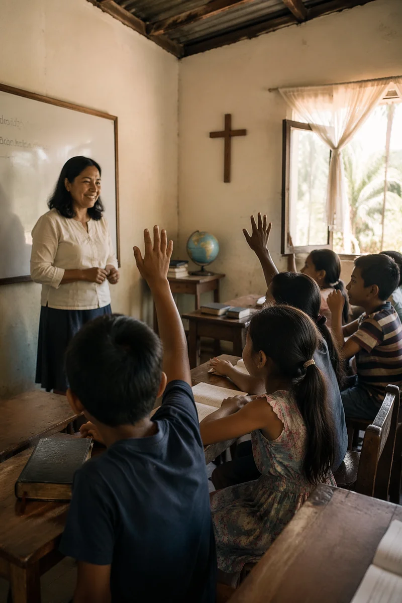 Teacher and Children in Bright Classroom