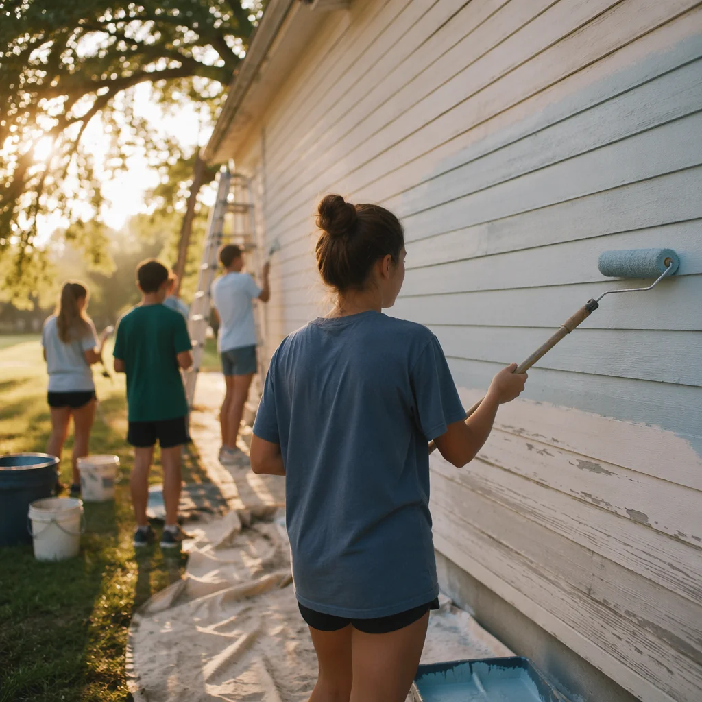 Teen Volunteers Repainting Church Hall Exterior