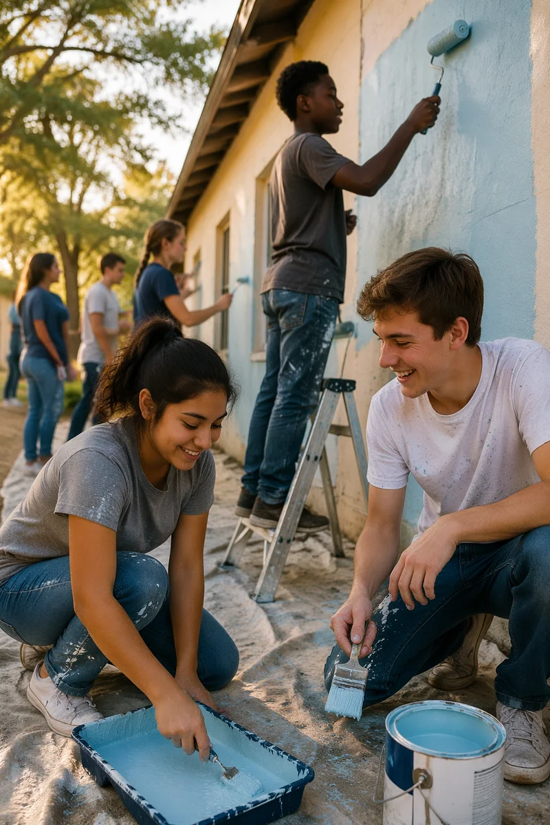 Teenagers Painting Community Building Outdoors
