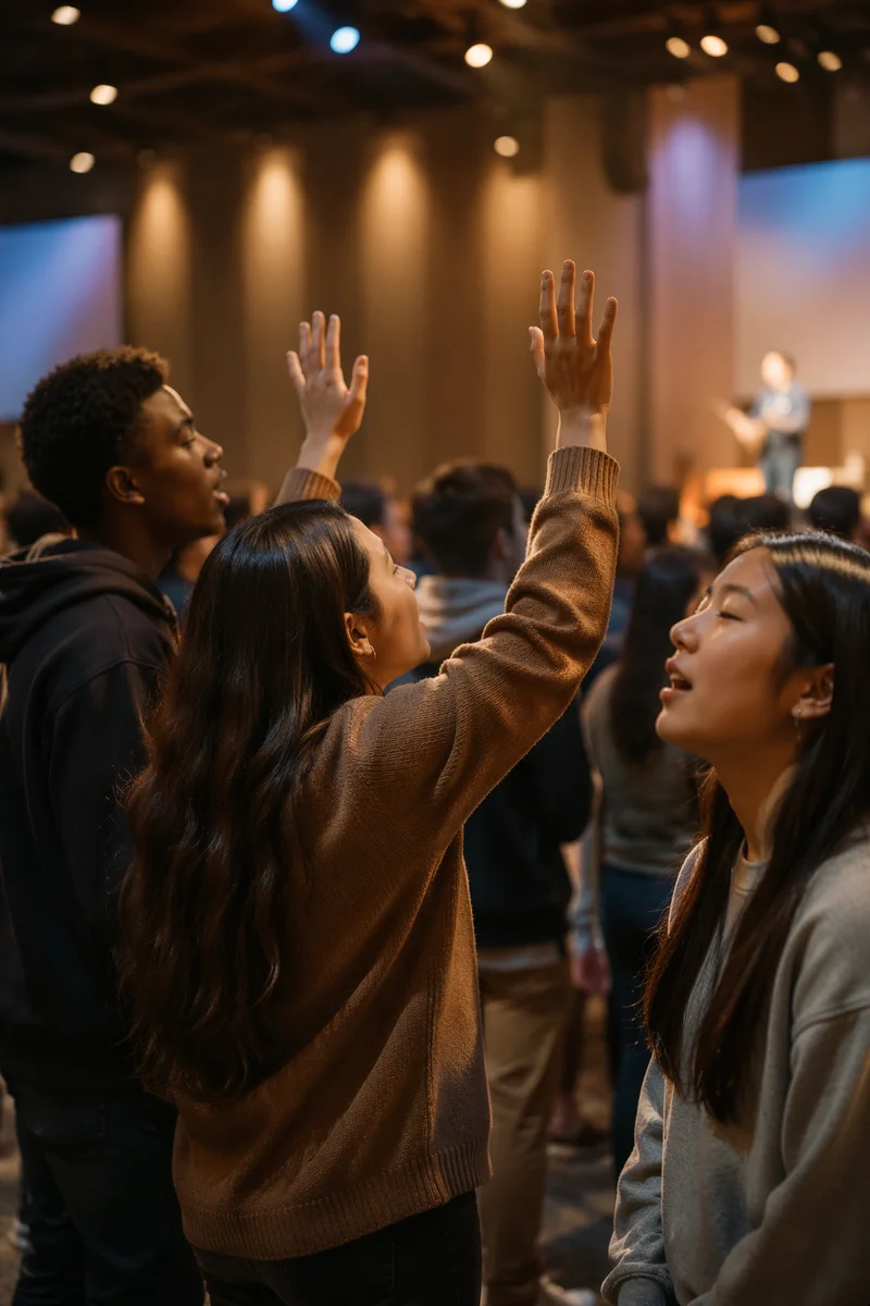 Teenagers Raising Hands at Indoor Worship Event