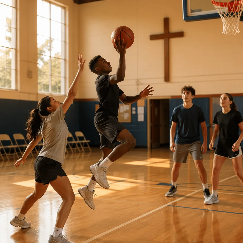 Teenagers Playing Basketball in Sunlit Gym
