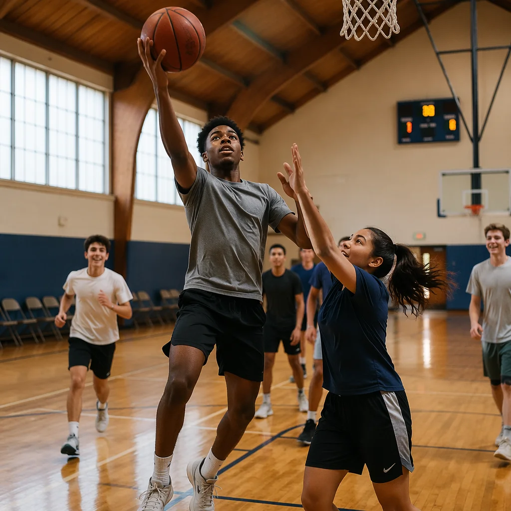 Teenagers Playing Basketball in Church Gym