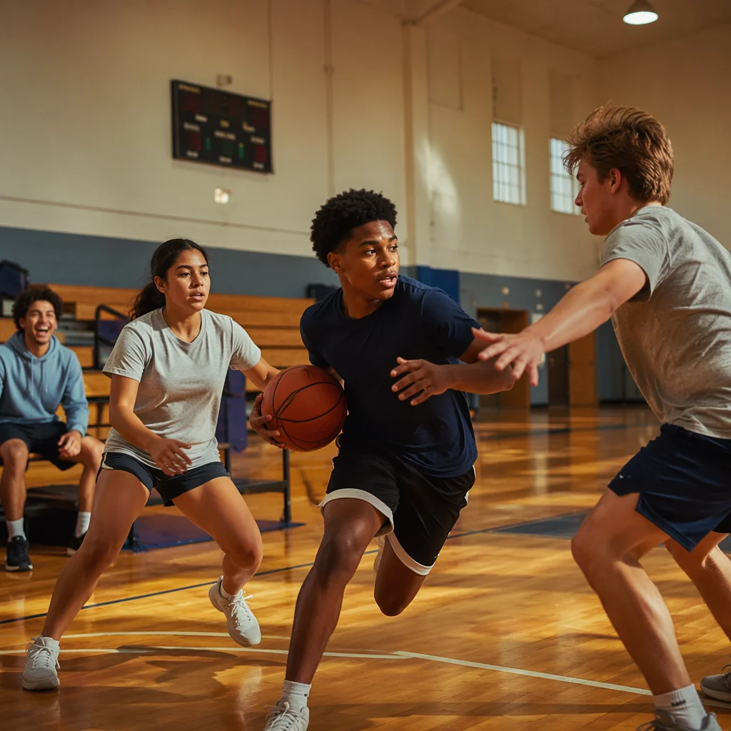 Teenagers Playing Basketball in Modest Gym