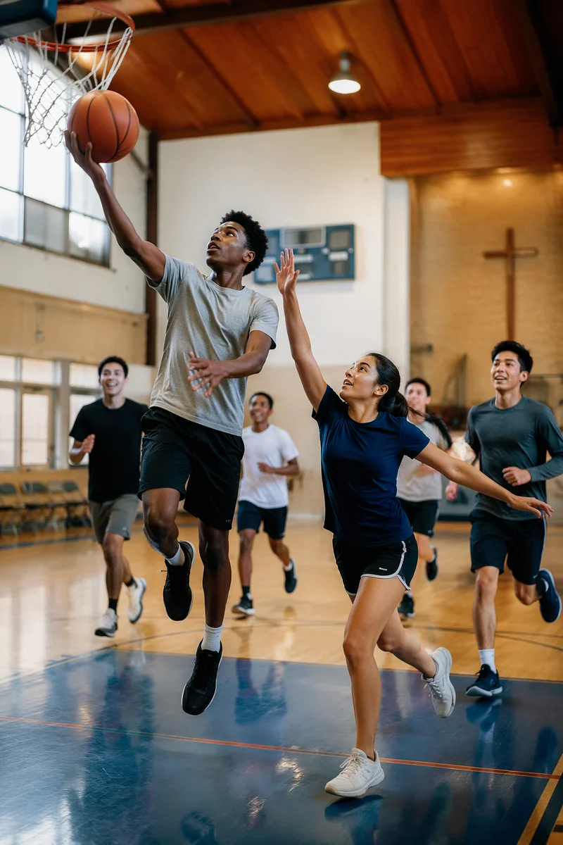 Teenagers Playing Basketball in Church Gym