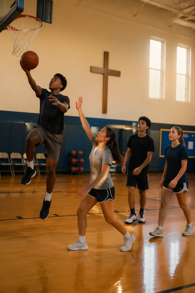 Teenagers Playing Basketball in Church Gym