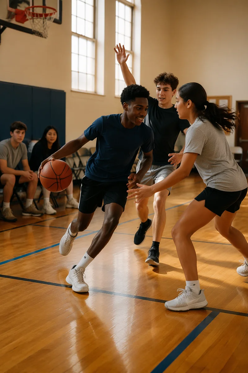 Teenagers Playing Basketball in Church Gym