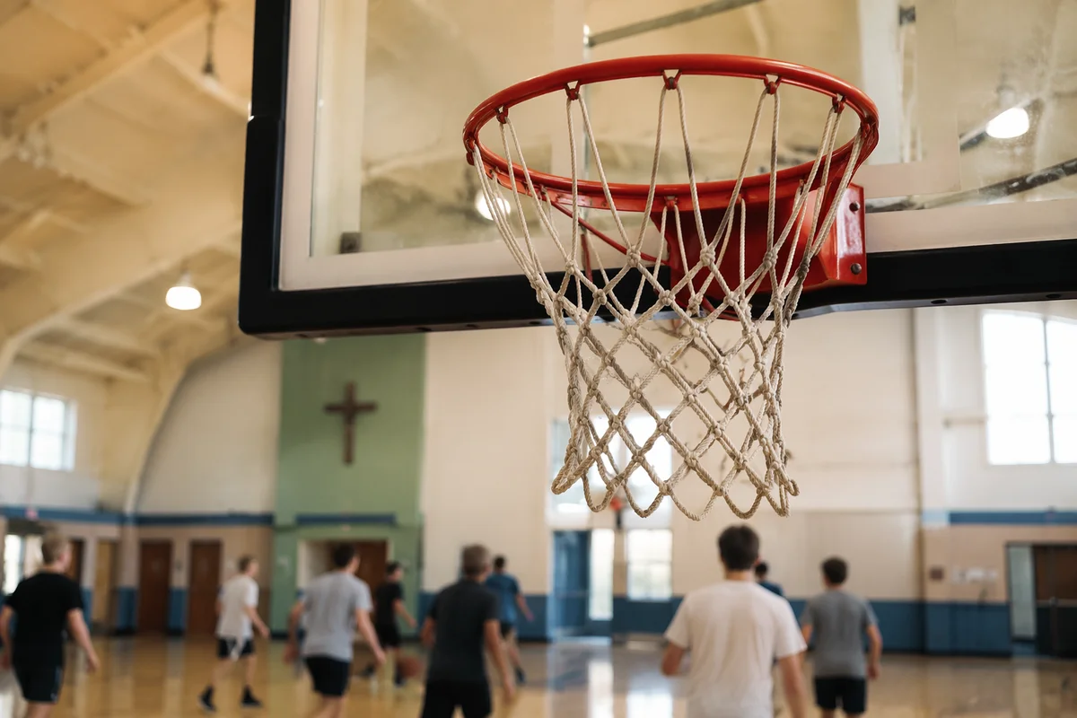 Church Gym Basketball Hoop with Teen Players